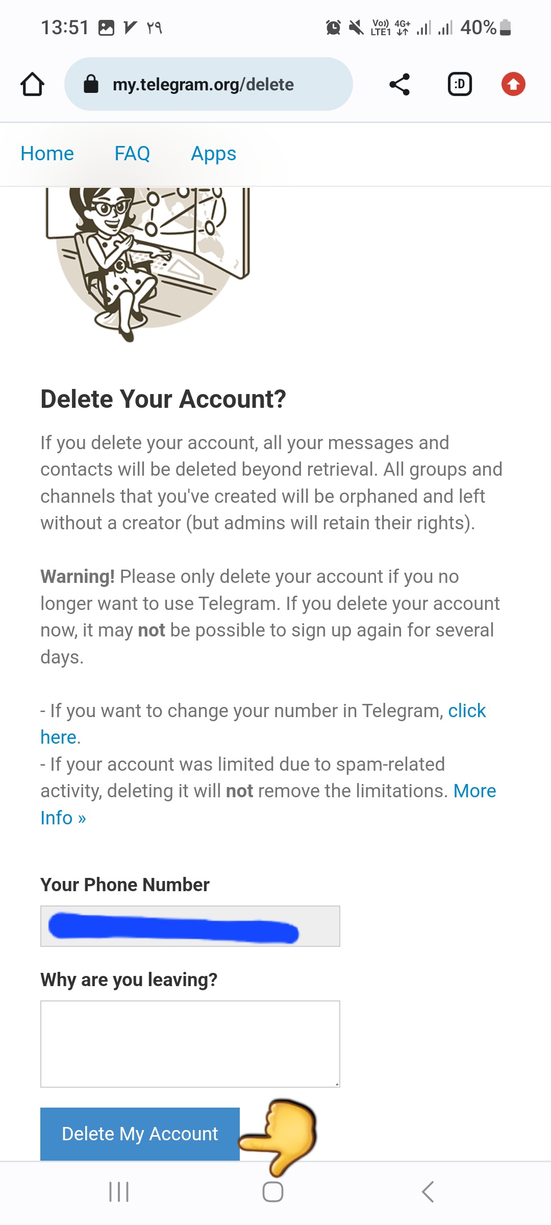 لینک دیلیت اکانت تلگرام روش وبسایت مرحله چهارم