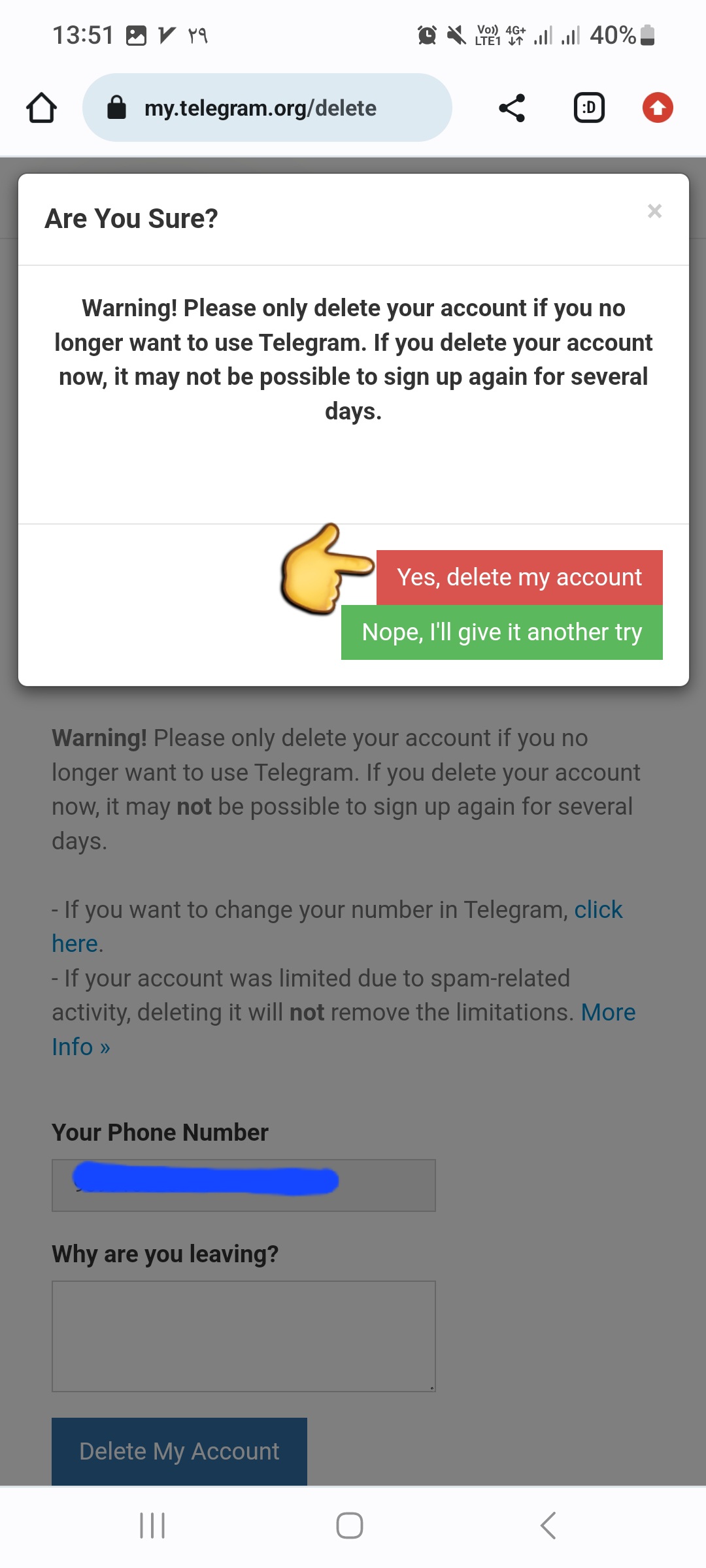 حذف اکانت تلگرام مرحله اخر