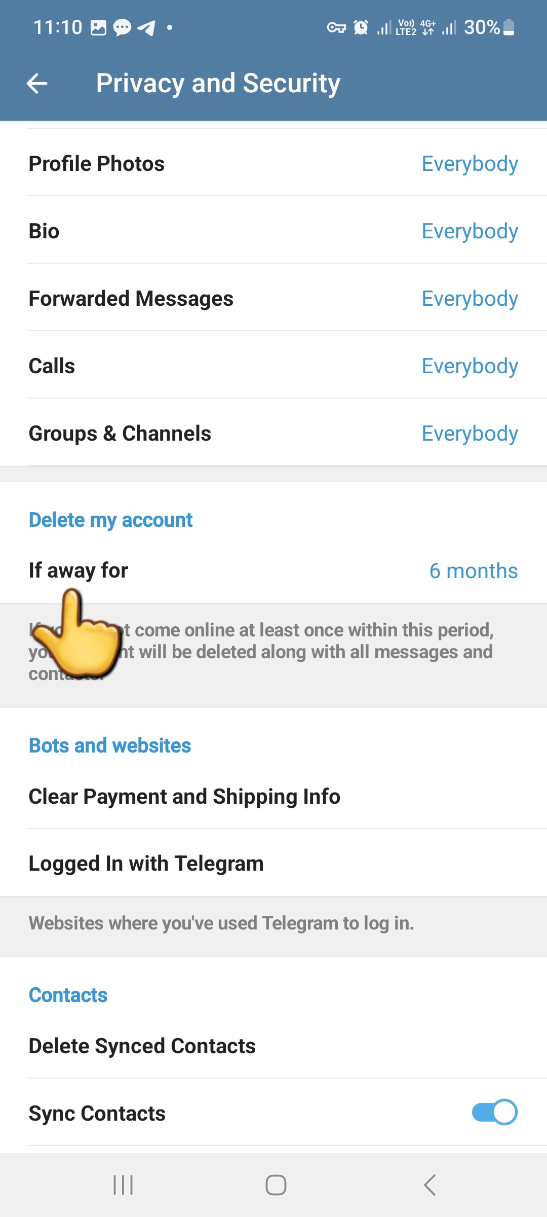 دیلیت اکانت تلگرام از طریق برنامه تلگرام بخش انتخاب زمان حذف اکانت تلگرام
